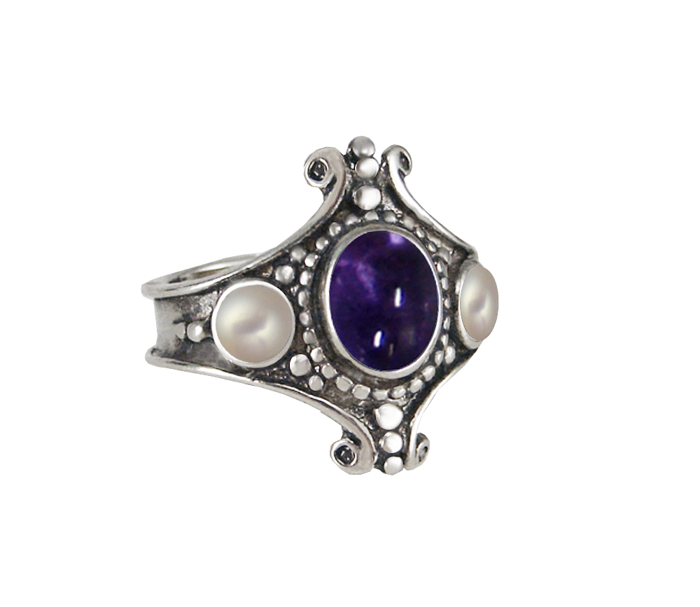 Sterling Silver Imperial Ring With Iolite And Cultured Freshwater Pearl Size 10